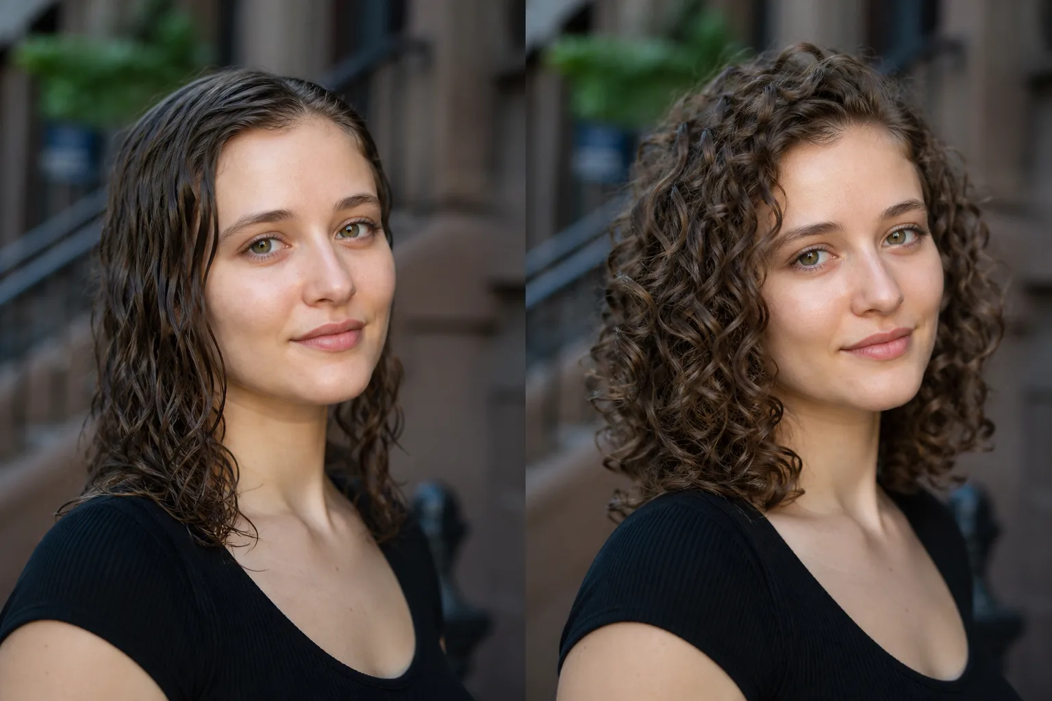 The same woman twice, on the left her curls flat and heavy against her scalp, on the right the same hair with lift at the roots and separated spirals