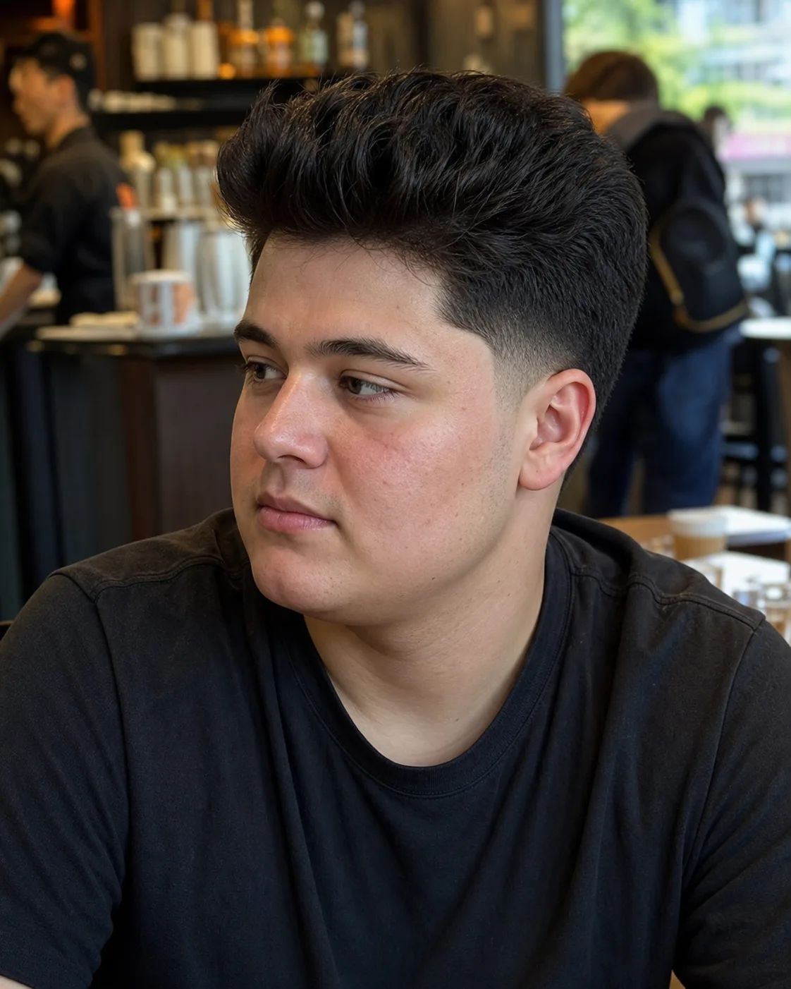 Three-quarter front view of a man with a round face wearing a mid taper fade, the taper tight at the temple and the hair styled with height on top to add a vertical line