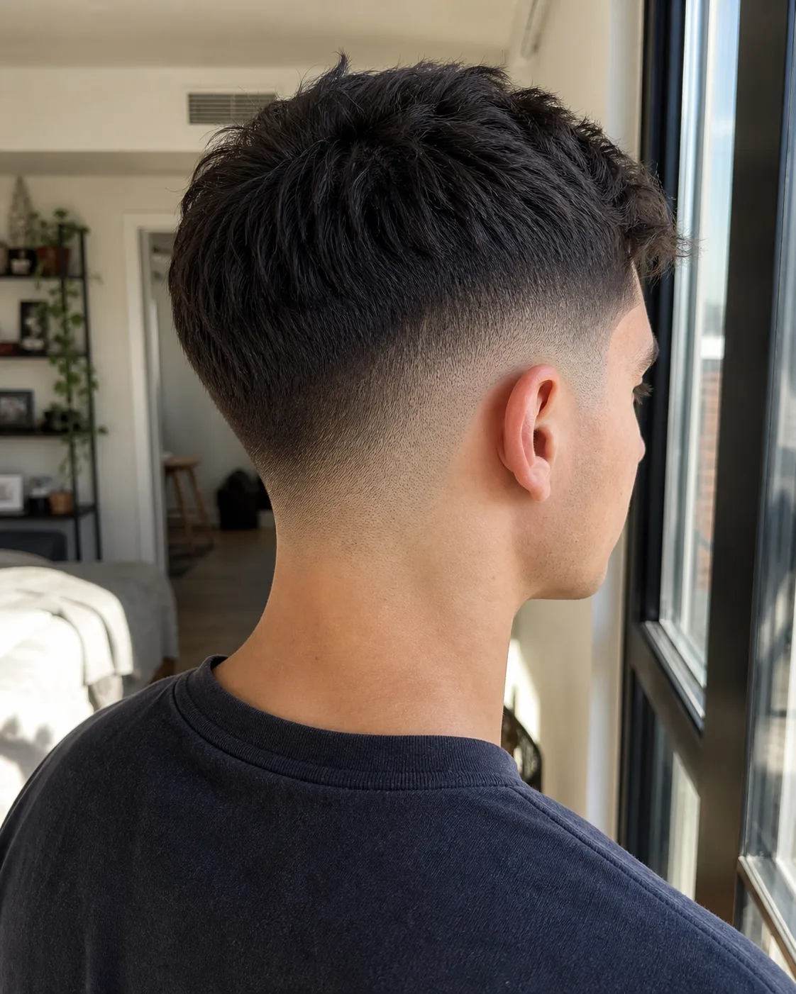 Three-quarter rear view of a mid fade, the gradient sweeping evenly around the back of the head from bare skin at the nape up to short textured hair.
