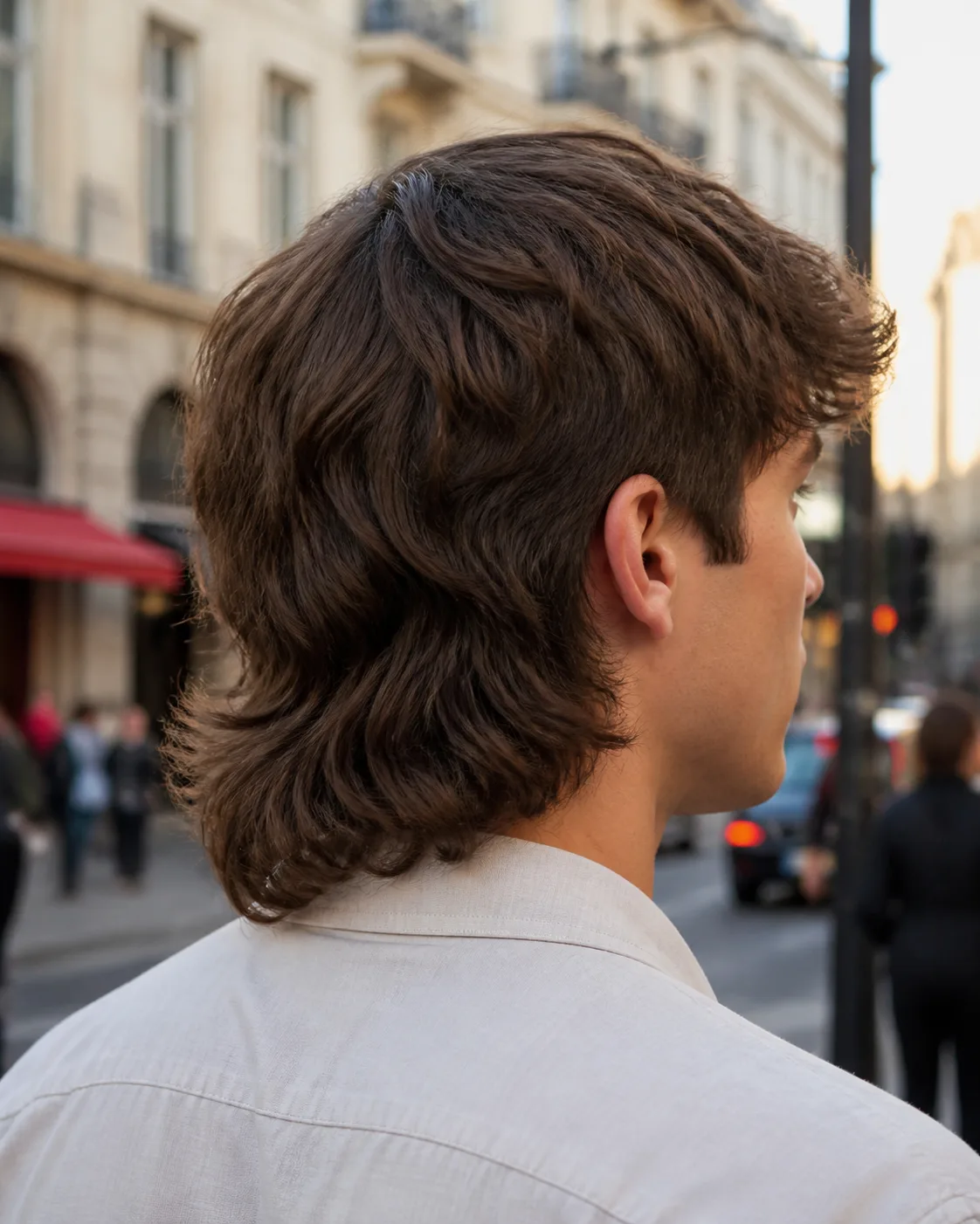 Three-quarter rear view of a modern textured mullet, the sides tapered short and blended into the back with no visible step, a choppy point-cut top, and the length finishing just above the collar