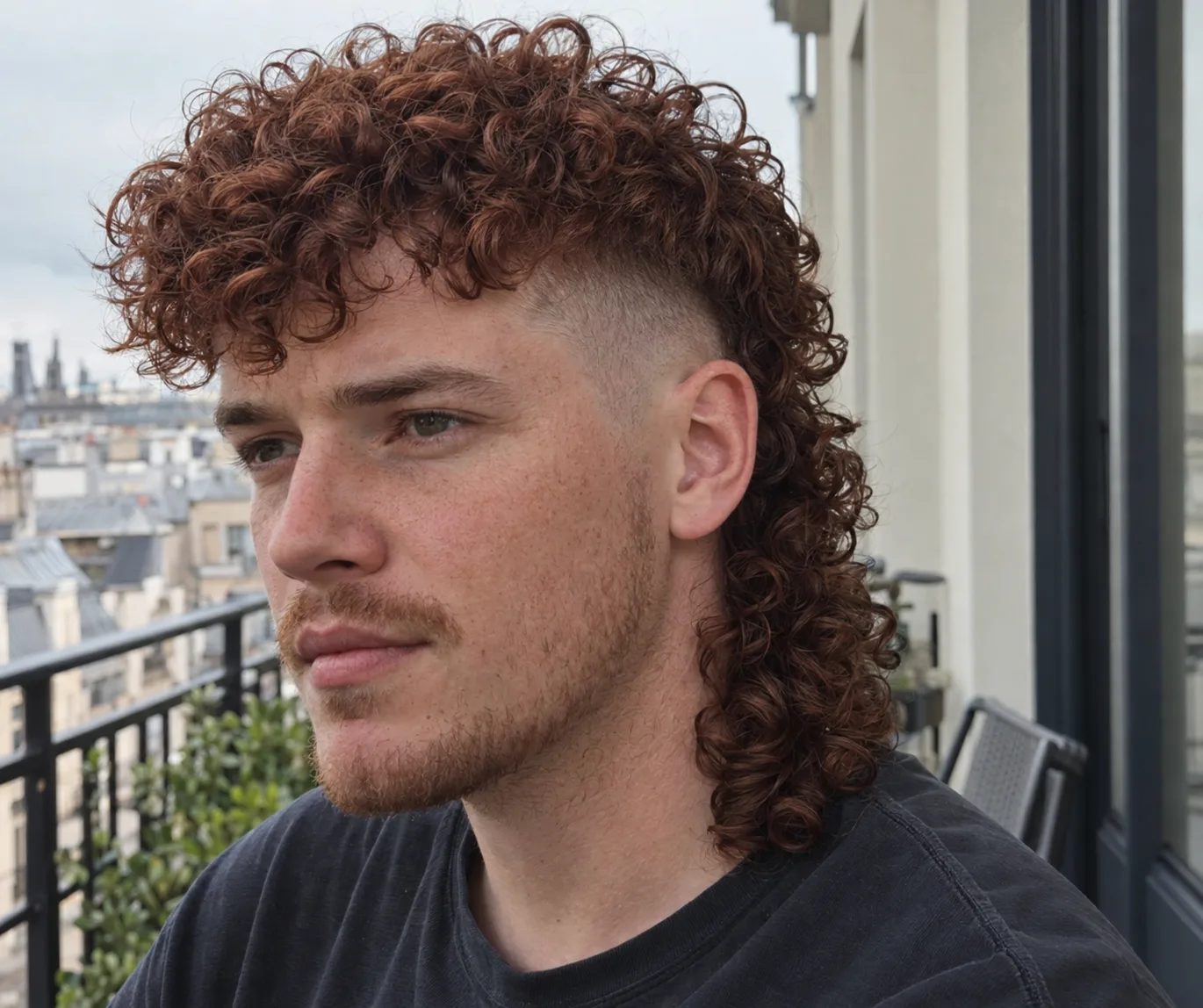 Three quarter view of a man with a curly auburn mullet on an apartment balcony, a skin fade above the ear and tight curls hanging at the back of the neck