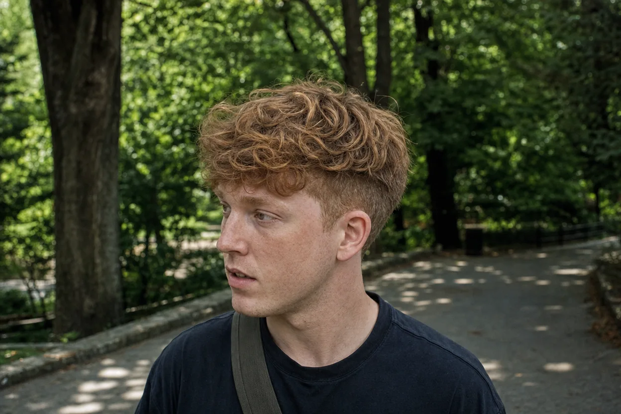 Three quarter view of a man with springy ginger curls on top and closely tapered sides, on a park path