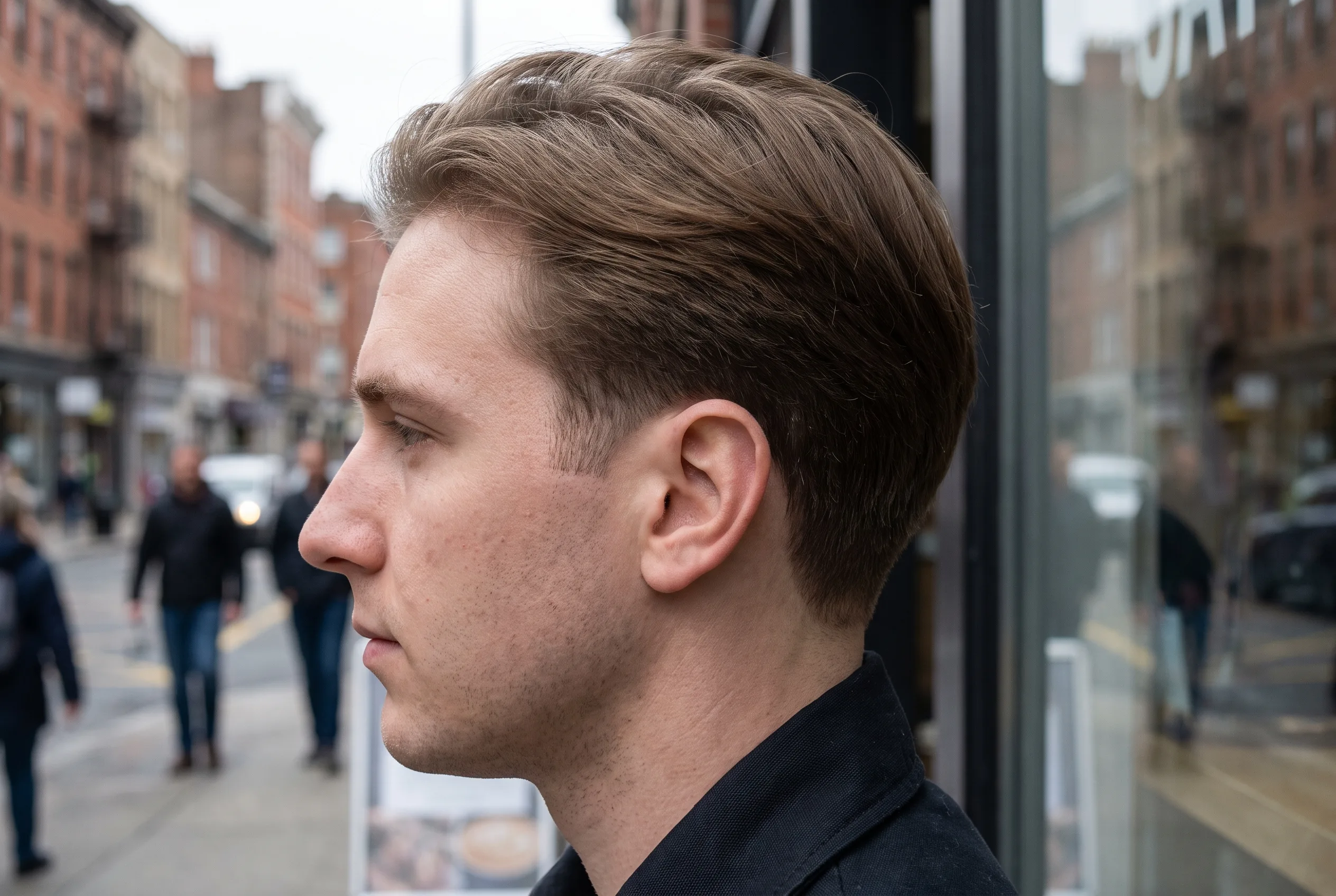 Tight side profile of a light brown haired man beside a cafe window, the close-cut band reaching its highest point just above the top of his ear with full length hair above it and no skin showing