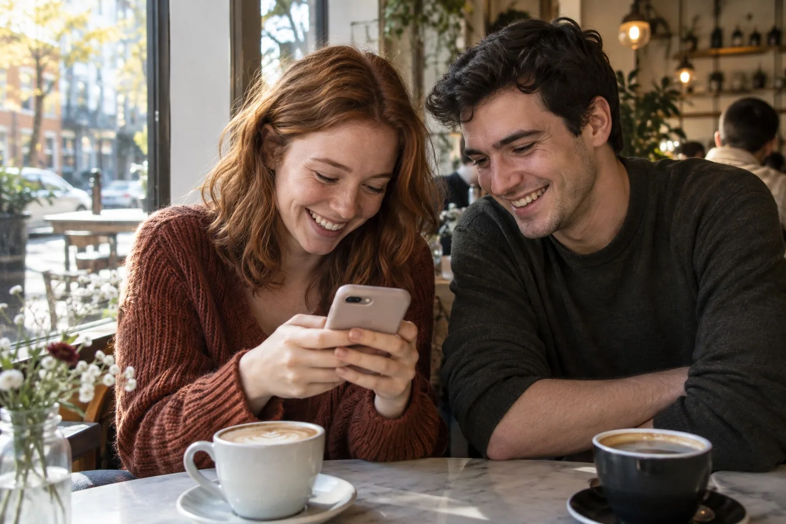 Two friends laughing over a phone at a cafe table