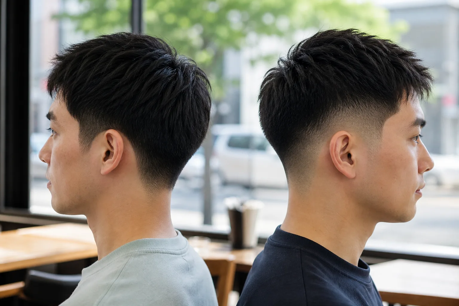 Two men in profile, the left keeping full length down the side with only the sideburn cleaned up, the right with the whole side graduated into a fade.