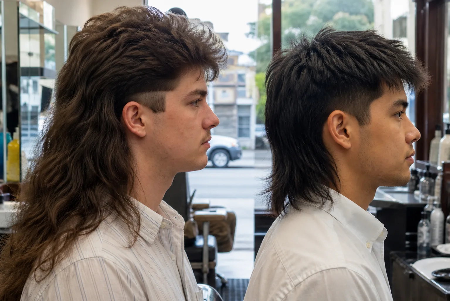 Two men in side profile in a barbershop. Left, a 1980s mullet: thick untapered sides, a hard step at the temple, height on top, hair past the shoulders. Right, a modern mullet: side tapered and blended, textured top, length stopping at the collar