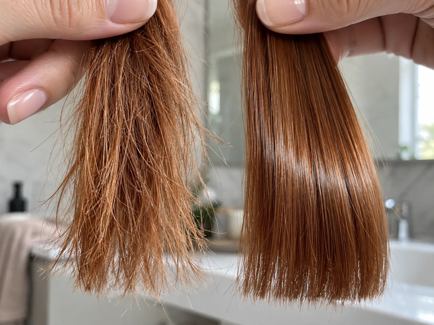 Two sections of the same copper hair held side by side, frayed dry split ends on the left, smooth sealed shiny ends on the right