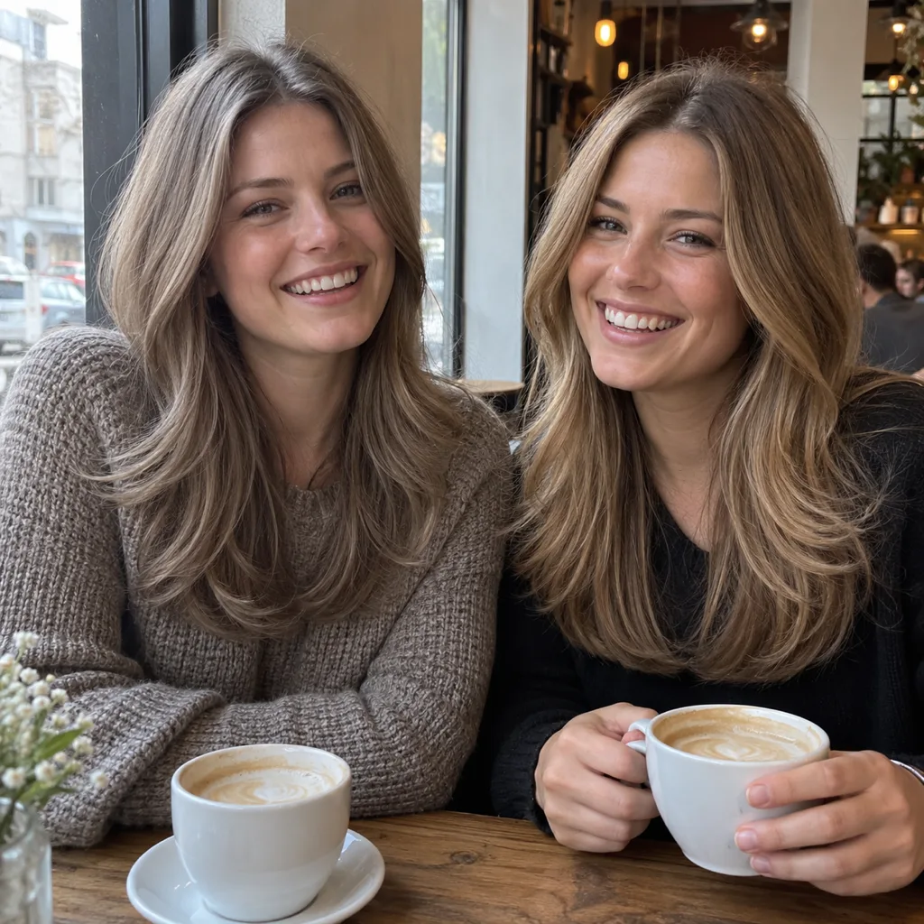 Two women at a cafe window table with coffee, ash light brown hair on the left and golden light brown on the right