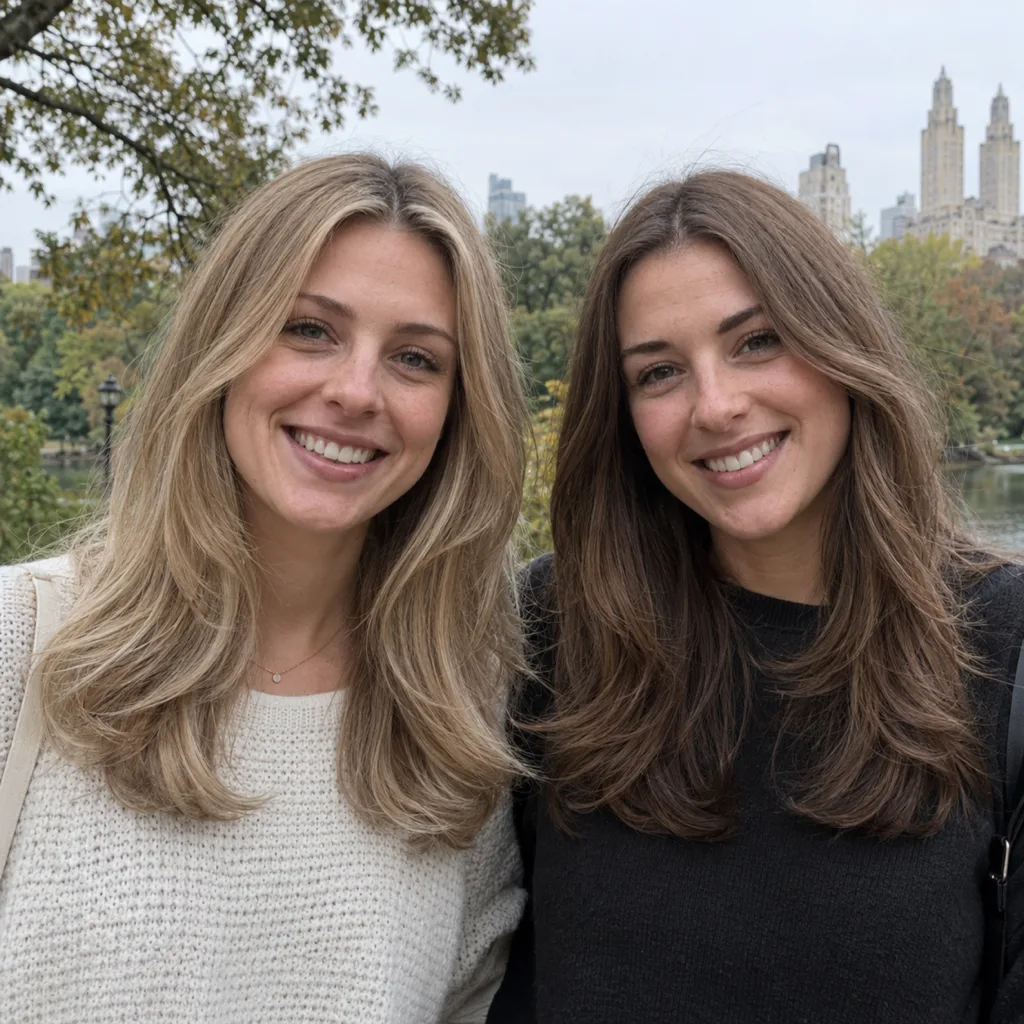 Two women in a city park, dark blonde hair on the left and light brown hair on the right