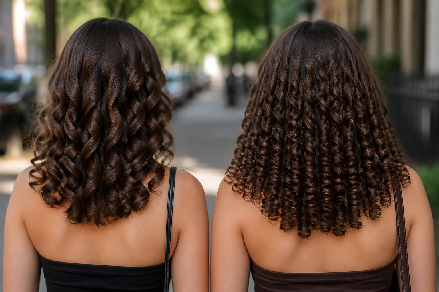 Two women photographed from behind side by side, both with spiral ringlets, the left curls roughly twice the diameter of the right