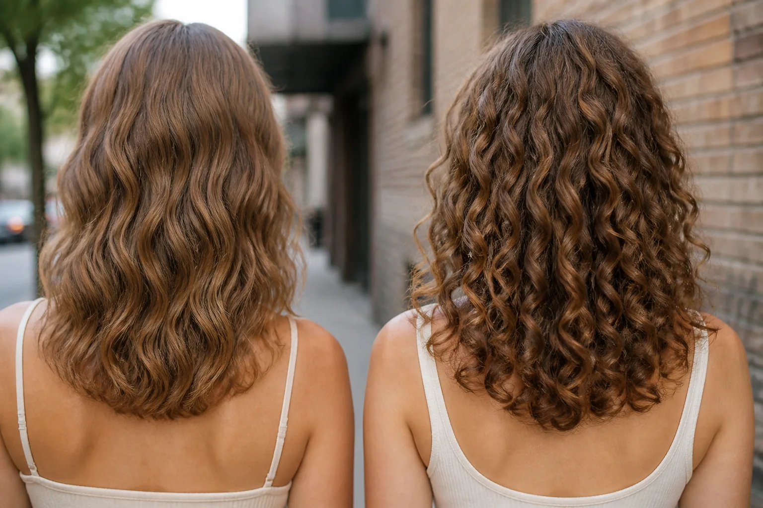 Two women photographed from behind side by side, the left with flat S-shaped waves lying against her back, the right with separate hanging spiral ringlets
