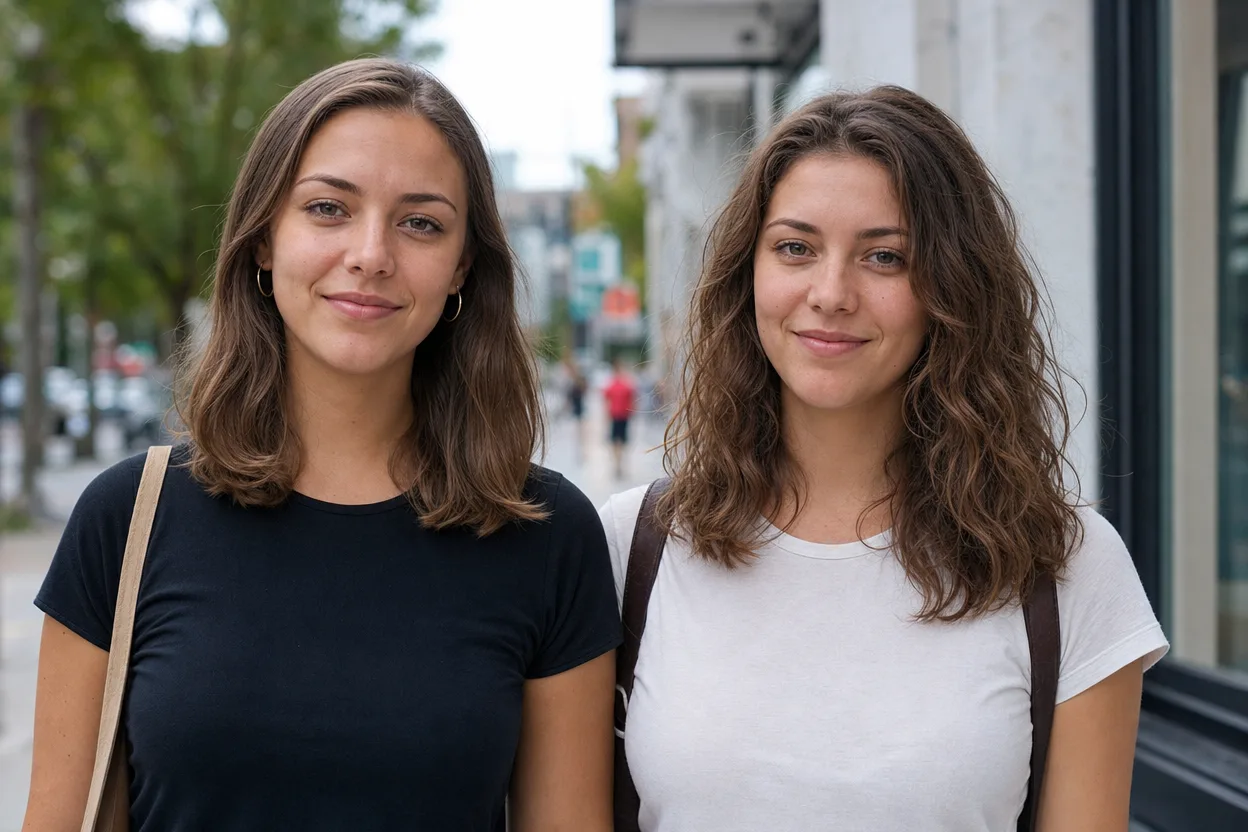 Two women side by side on a sidewalk, the left with loose collarbone waves starting below the ear, the right with tighter frizzier waves starting higher