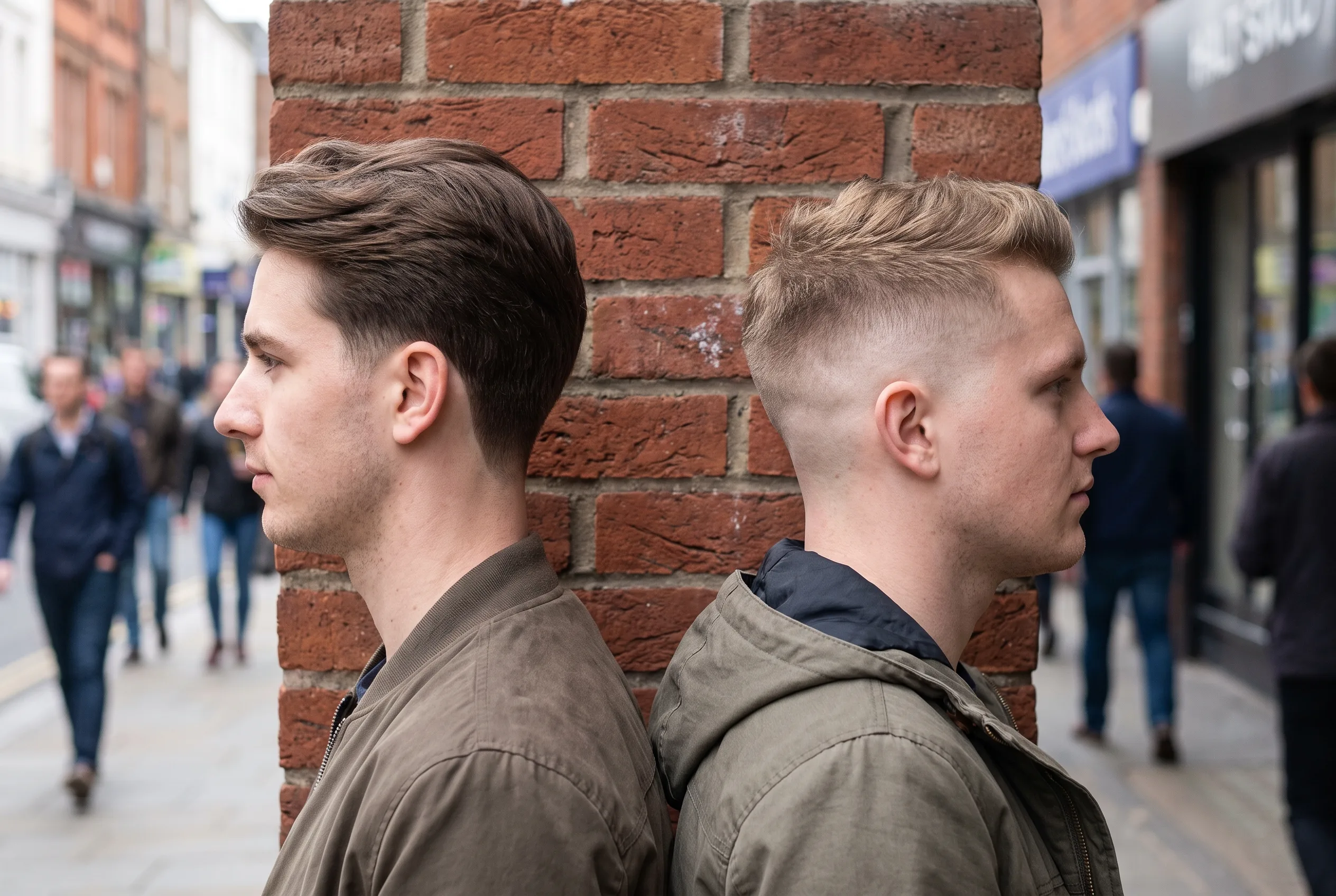 Two young men in profile back to back against a brick wall, the one on the left with a taper that keeps full hair on the side and only a thin close band at the sideburn, the one on the right with a high skin fade showing bare scalp around the ear