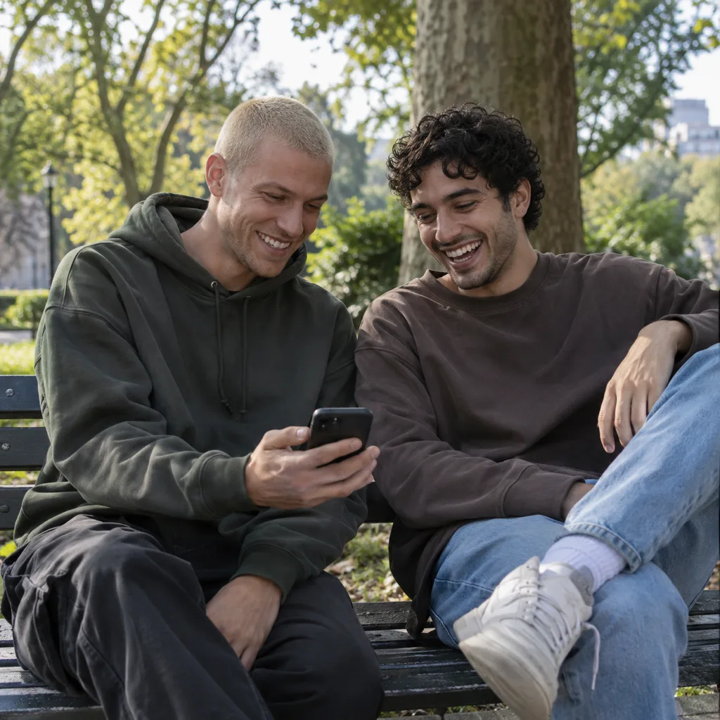Two young men on a park bench laughing at something on a phone
