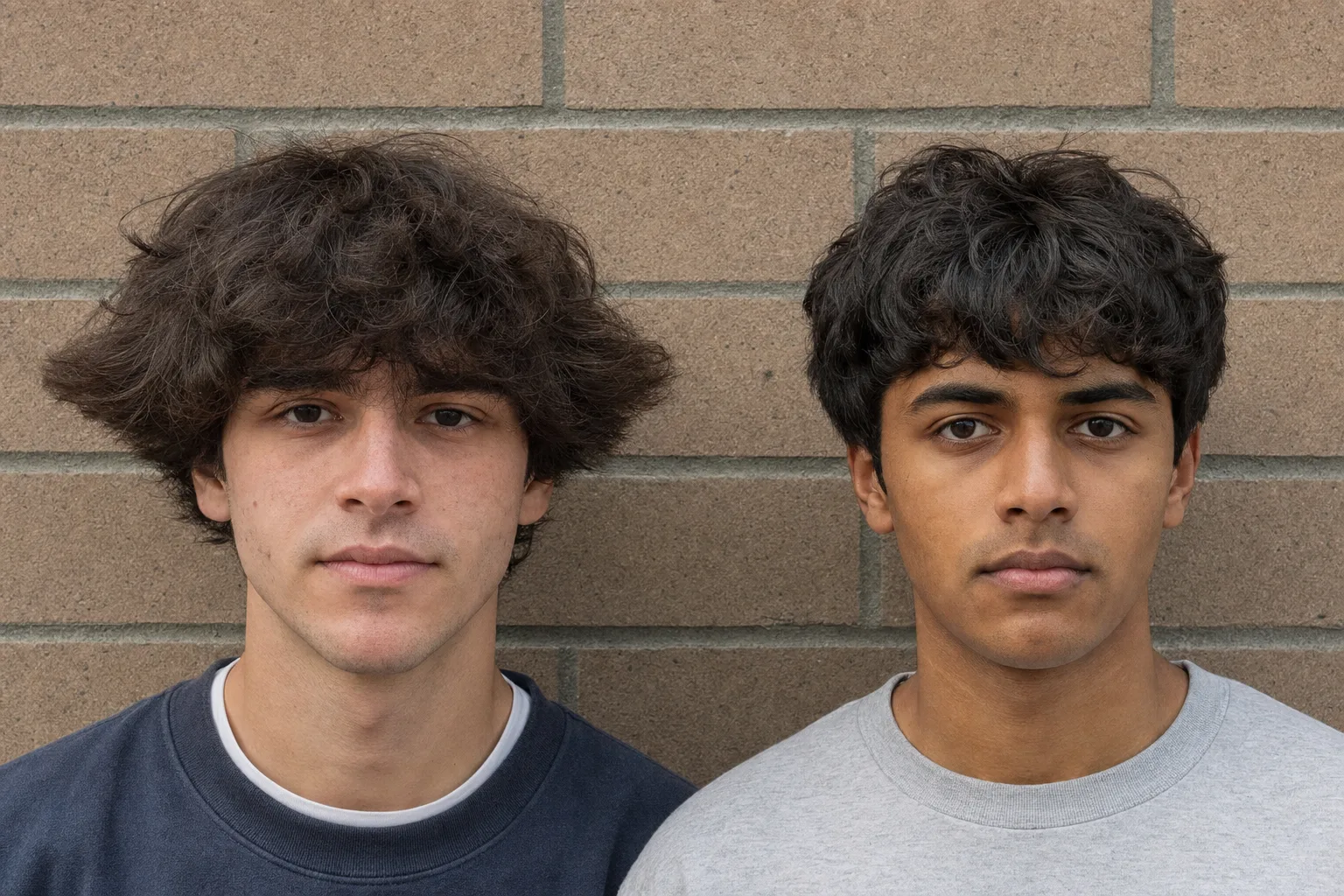 Two young men side by side against a brick wall with the same length hair on top, the one on the left with long untapered sides flaring outward above his ears, the one on the right with tapered sides lying flat against his head