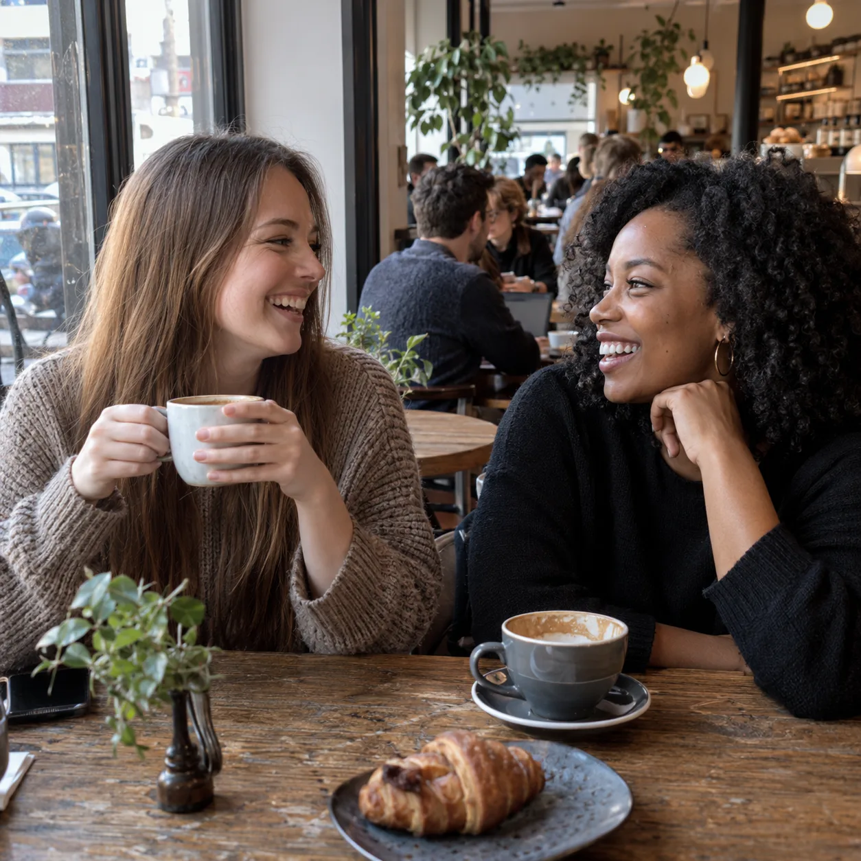 Two young women laughing in a cafe, one with long straight light brown hair and one with coily natural hair
