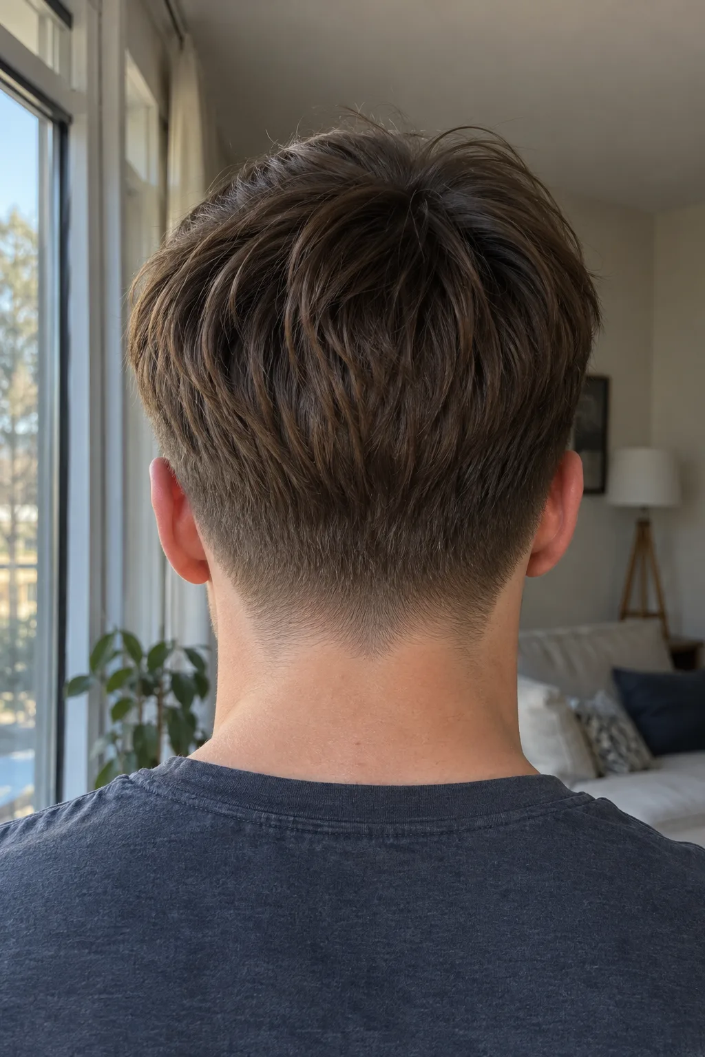 View from behind of a young man with straight brown hair, the nape tapered softly from stubble into longer hair with no hard line