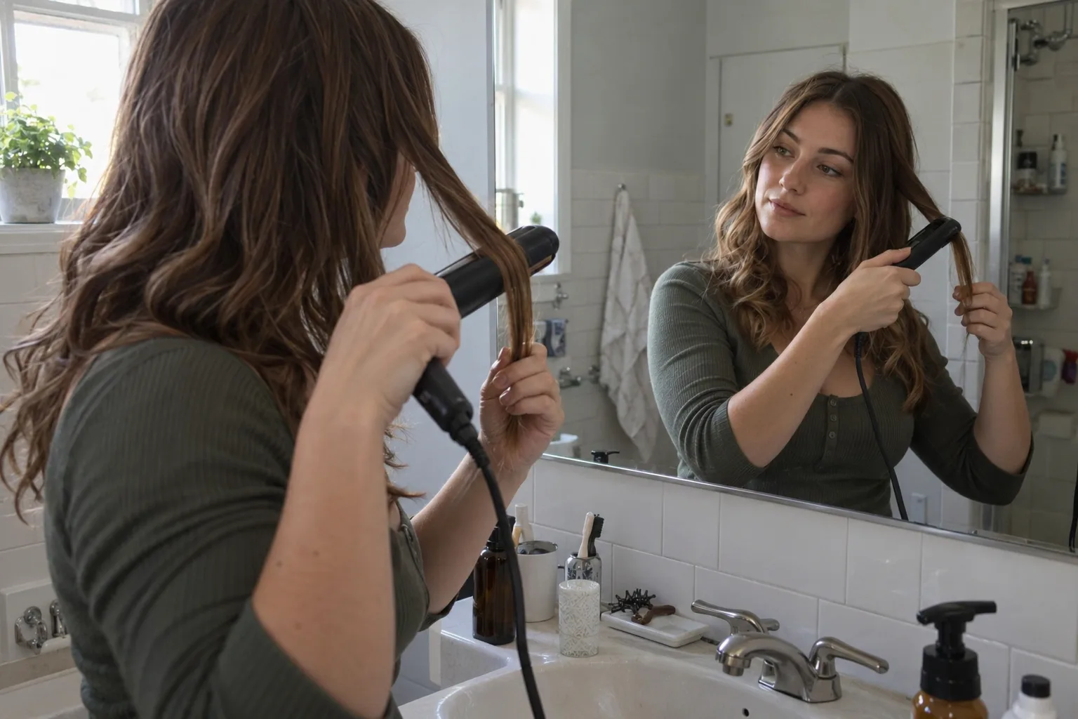Woman at a bathroom mirror running a flat iron down one section of her light brown hair, the finished sections already in loose waves