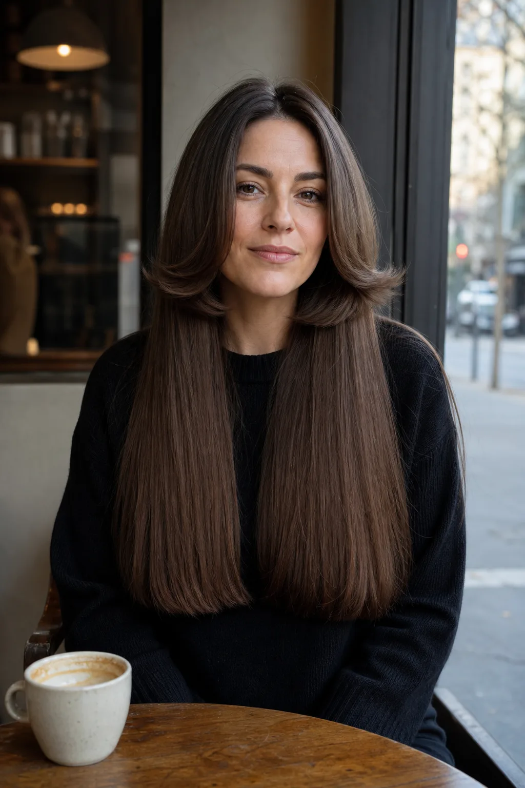Woman at a cafe window table with long brown hair in butterfly layers, a shorter chin-length section flicking outward on both sides above the long straight length