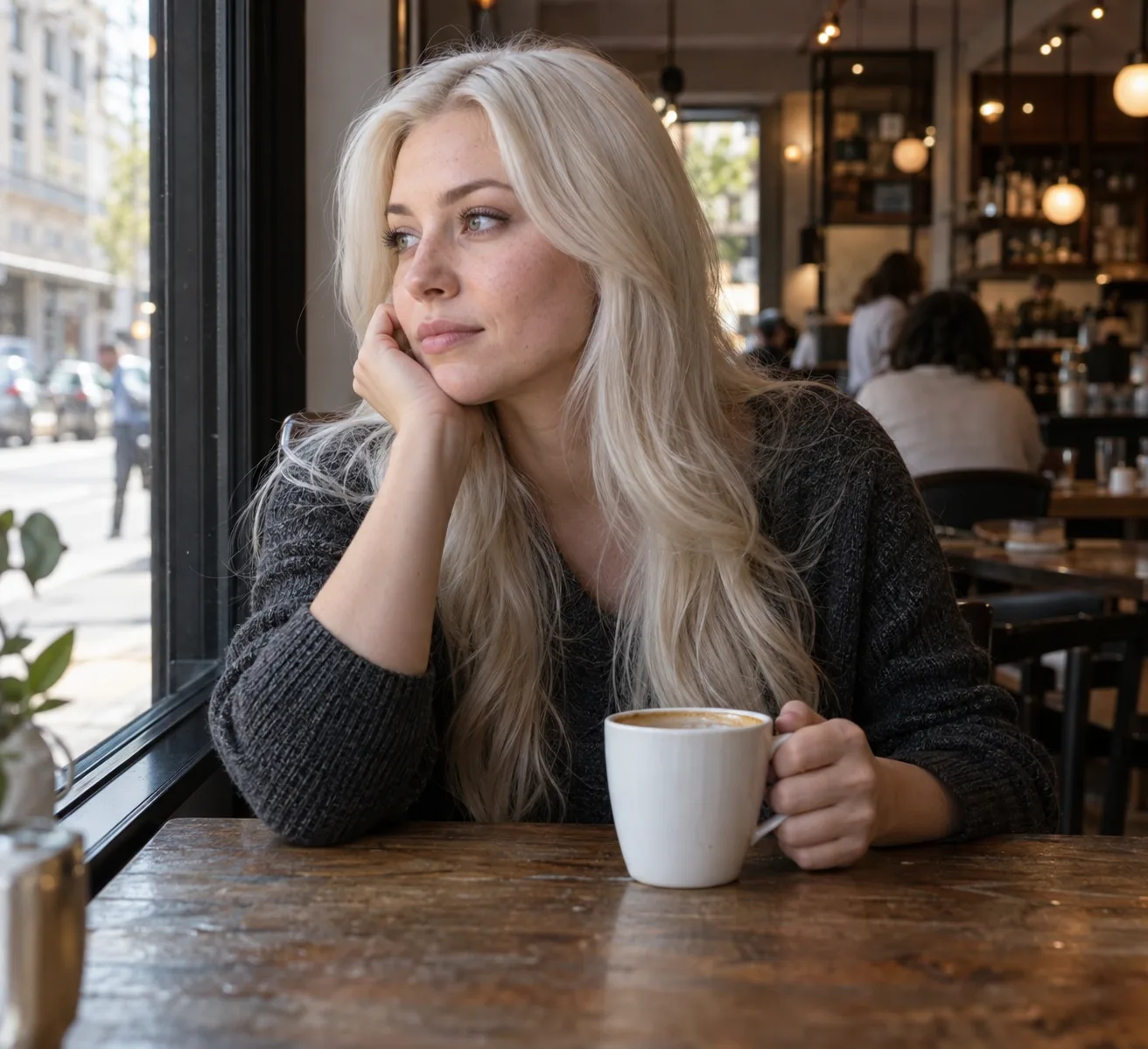 Woman at a cafe window table with long layered hair bleached and toned platinum blonde