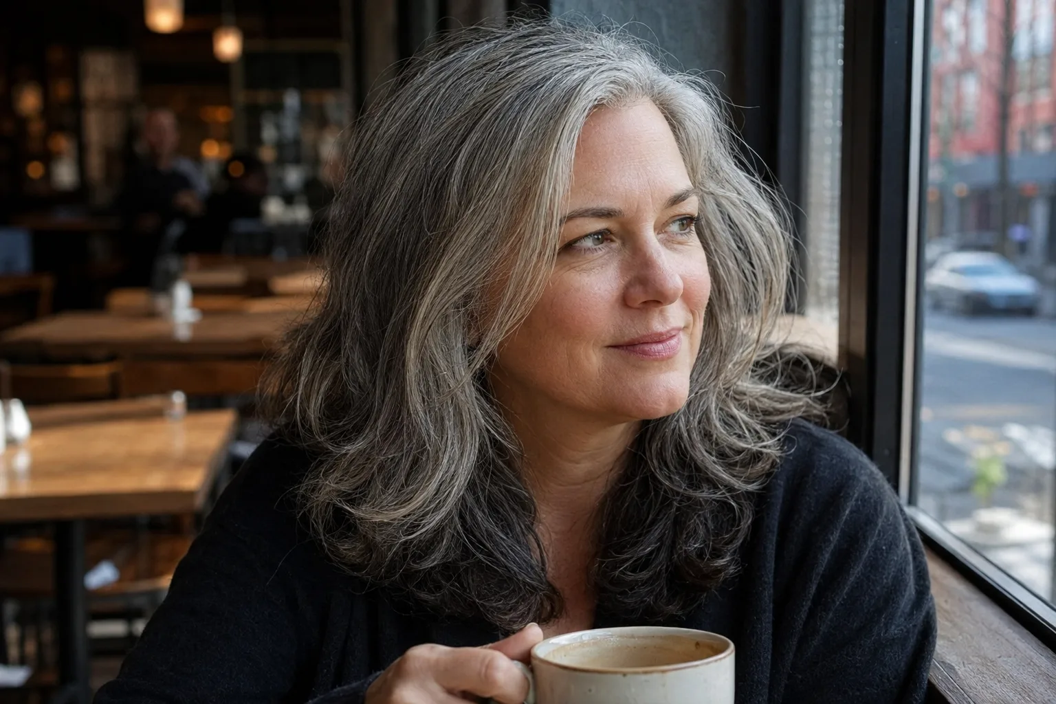Woman at a cafe window with collarbone-length wavy hair fully grown out to natural silver with darker steel strands underneath