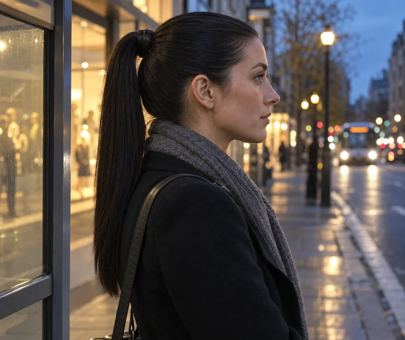 Woman at a dusk bus stop with black hair in a sleek ponytail wrapped at the base