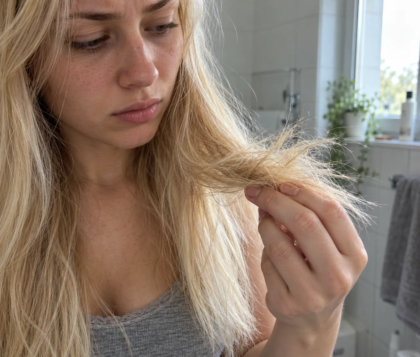 Woman by a bathroom window holding the frizzy, split ends of her long bleached blonde hair