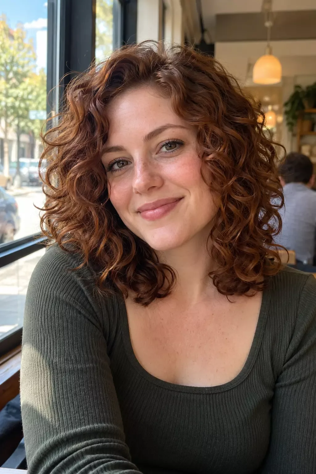 Woman by a cafe window with curly auburn shoulder length hair cut in rounded layers