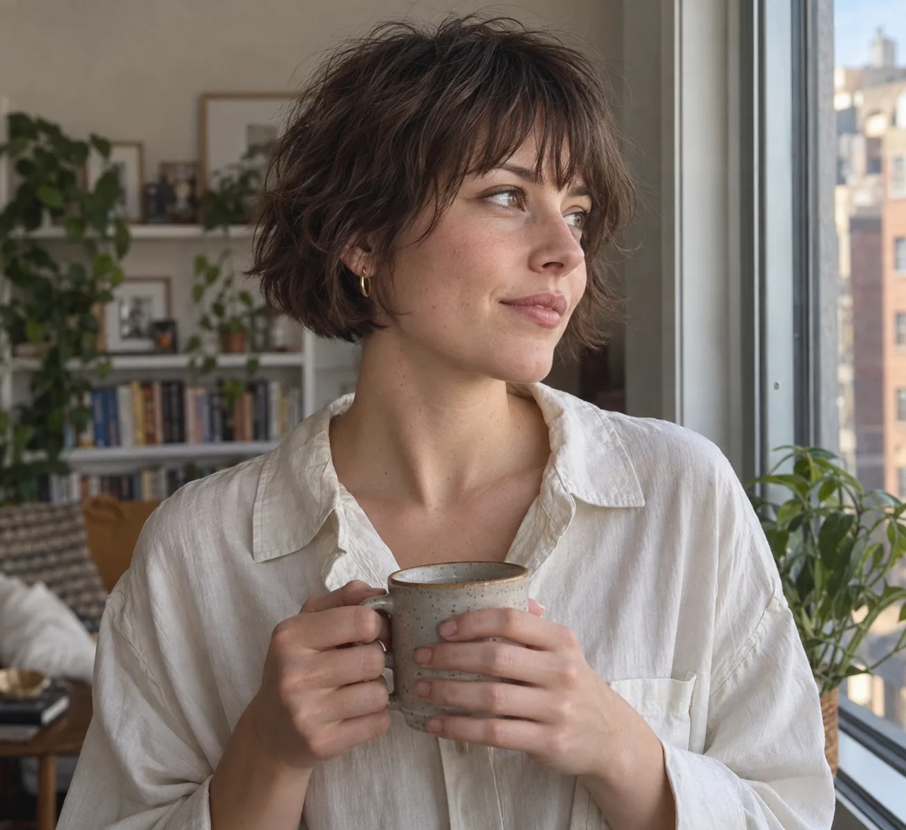 Woman by a window holding a mug, with a chestnut chin-length shag and bangs