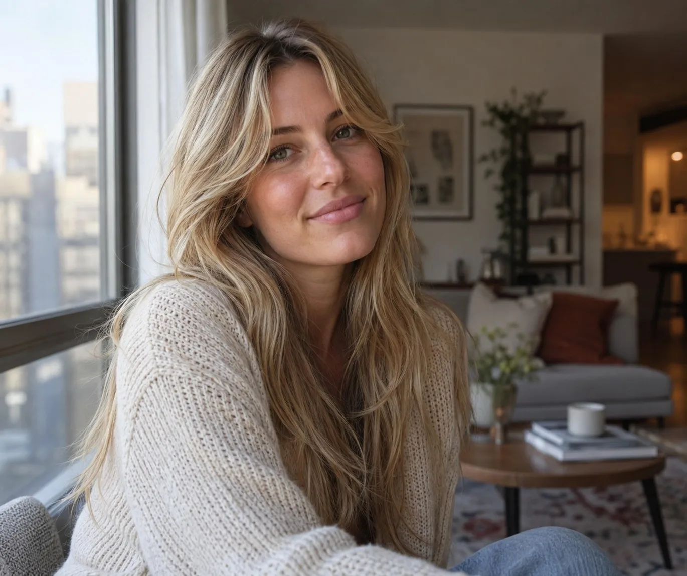 Woman by a window with honey blonde curtain bangs and long layers