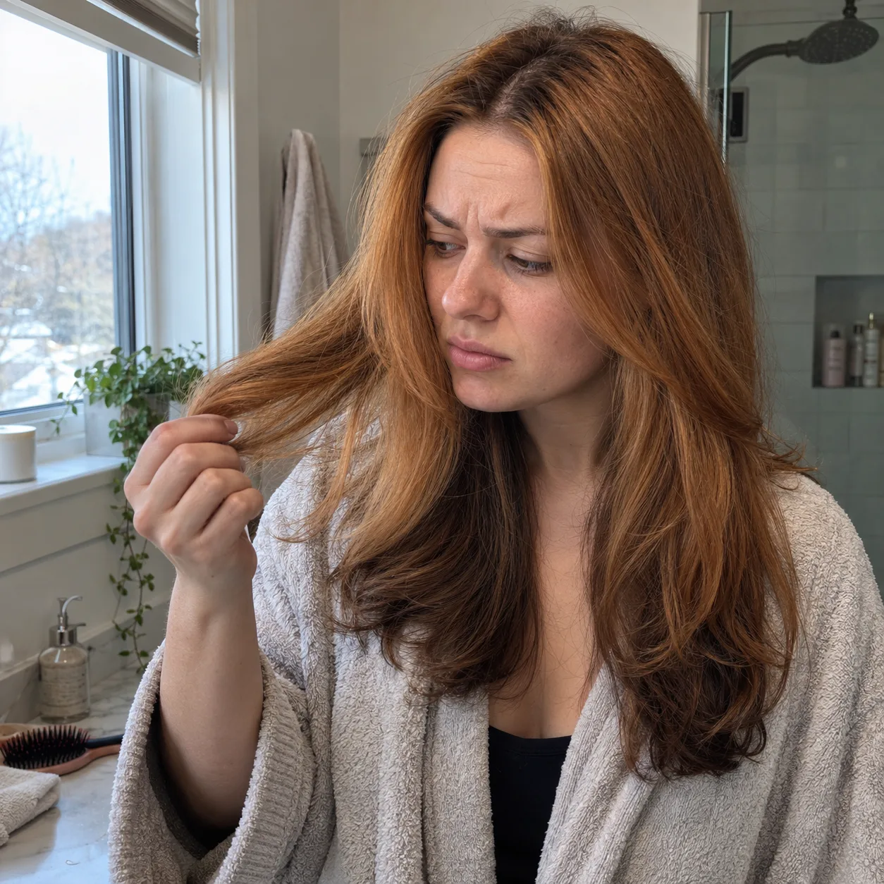 Woman in a bathroom by a window looking at a strand of her brassy orange box-dyed hair with bright roots