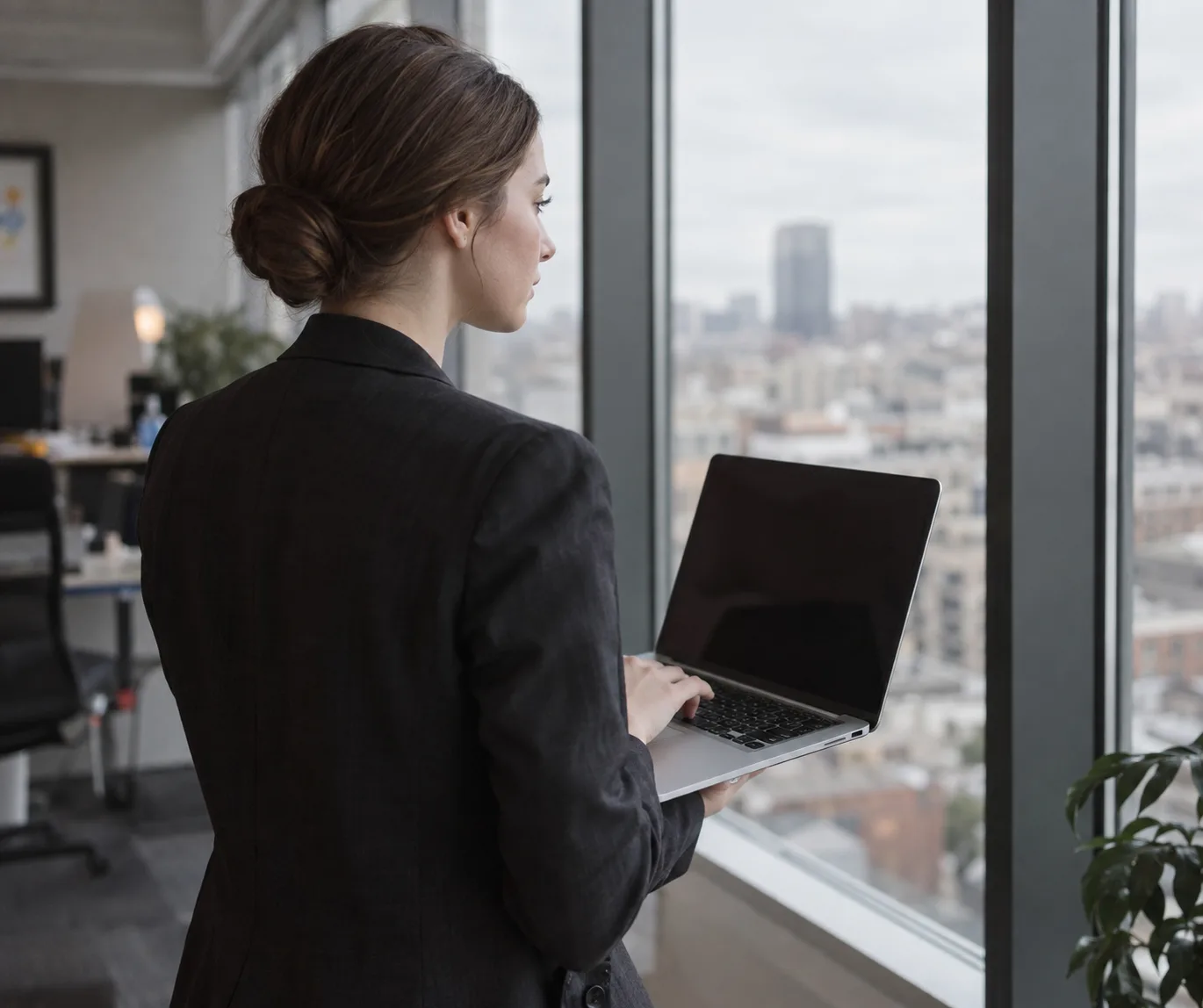 Woman in a blazer holding a laptop by an office window, her brown hair in a smooth low bun at the nape