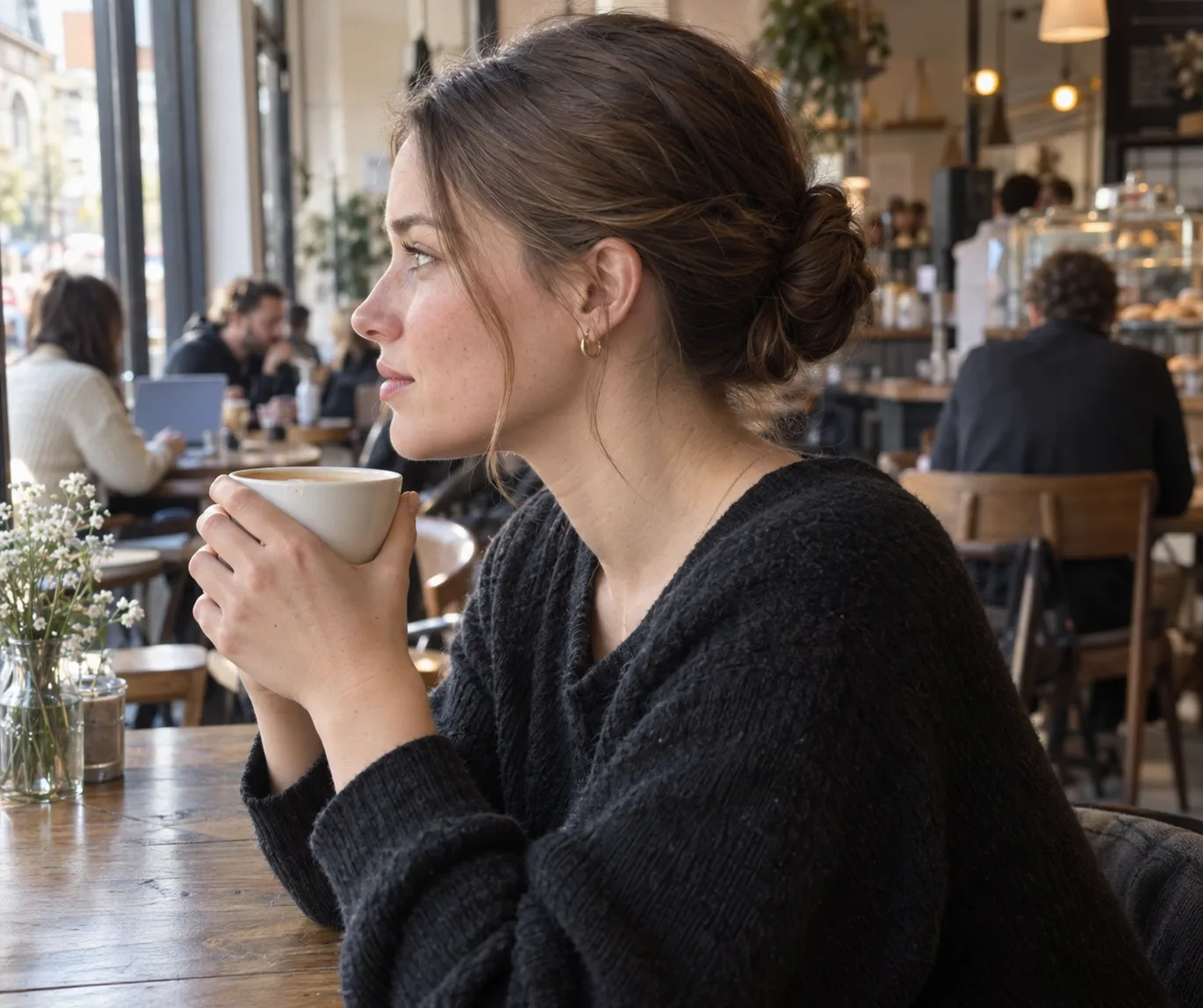 Woman in a cafe holding a coffee, brown hair in a low bun with loose face-framing strands