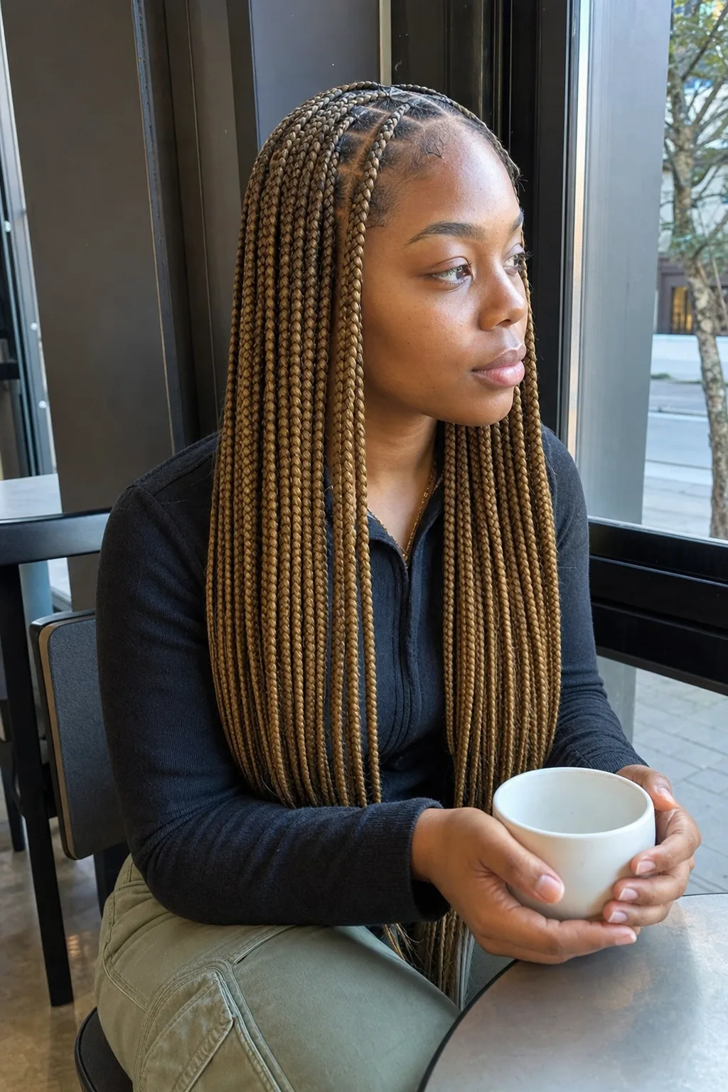 Woman in a cafe with honey brown knotless box braids hanging past her waist