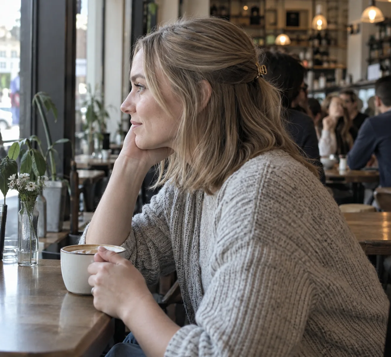 Woman in a cafe with shoulder-length dirty blonde hair pulled half up with a small gold barrette