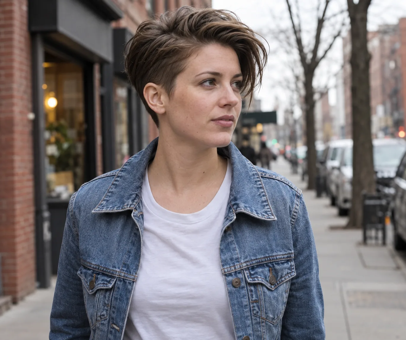 Woman in a denim jacket on a city sidewalk with short sides and a long swept brown top