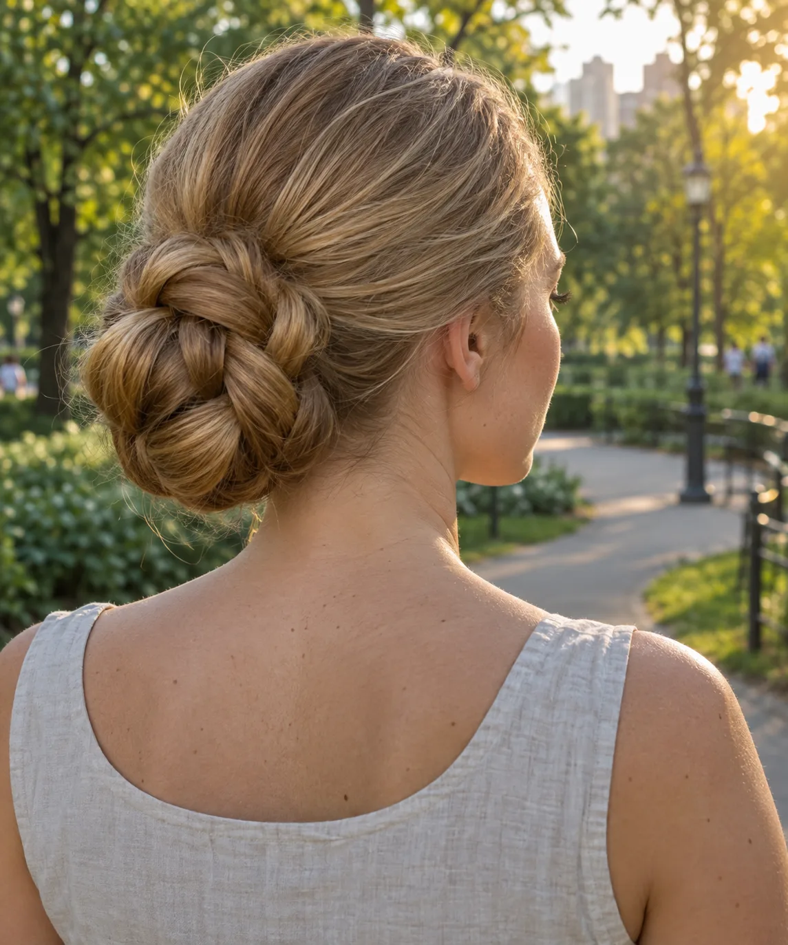Woman in a park with blonde hair braided and wound into a large low bun