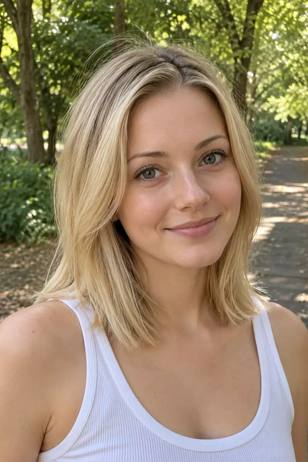 Woman in a park with fine straight blonde hair cut to the shoulders, layers hidden so the ends still look full