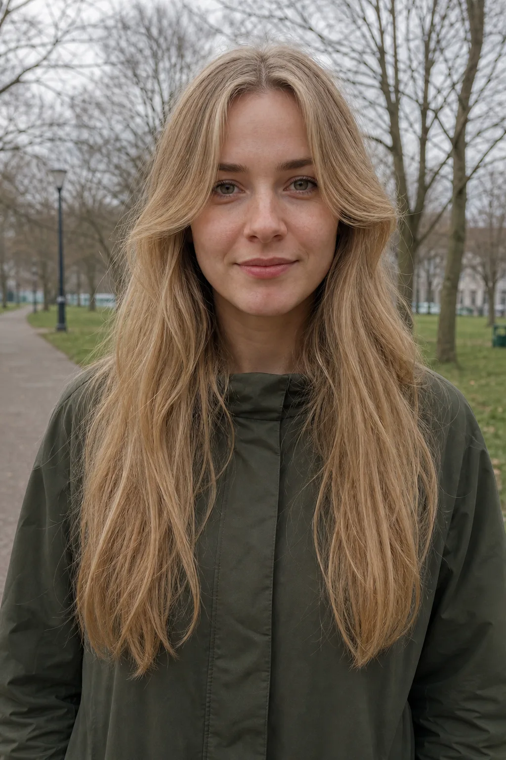Woman in a park with long honey blonde hair and curtain bangs split down the middle of her forehead, each half sweeping outward toward her jaw