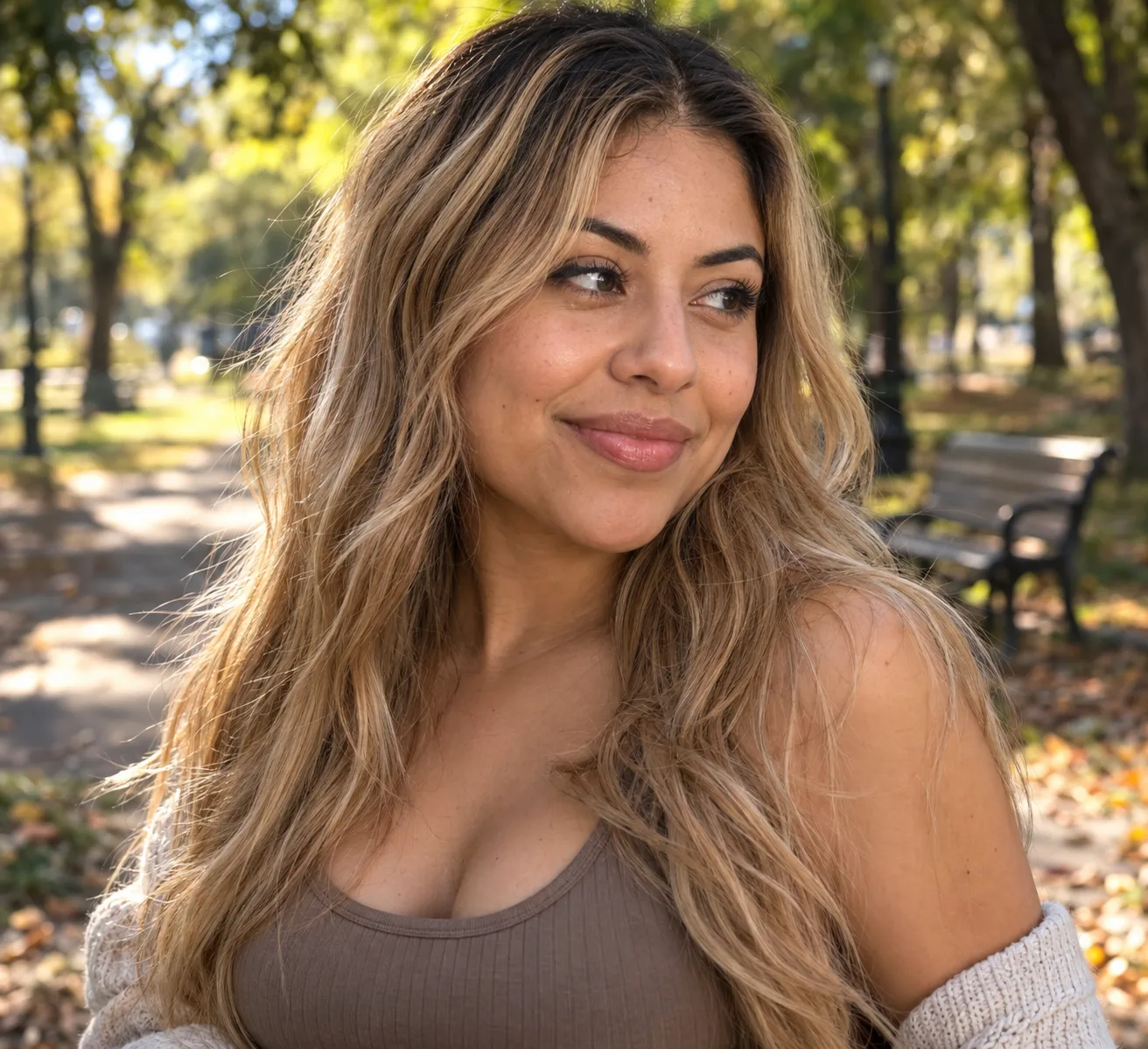 Woman in a park with long wavy hair lightened from dark to caramel blonde, with a dark shadow root at the part