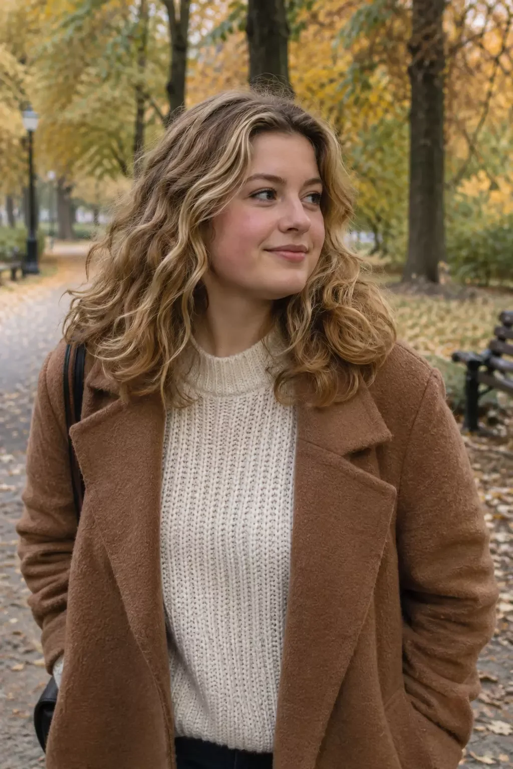 Woman in an autumn park with thick dirty blonde collarbone-length waves and lighter pieces