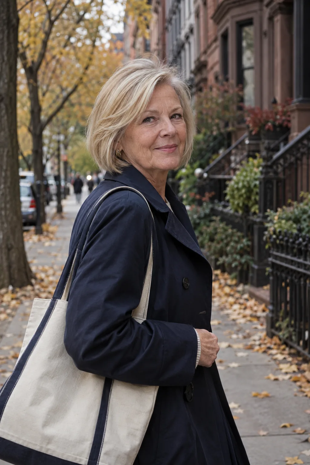 Woman in her 60s with a blonde chin-length bob walking on a city sidewalk in autumn with a tote bag