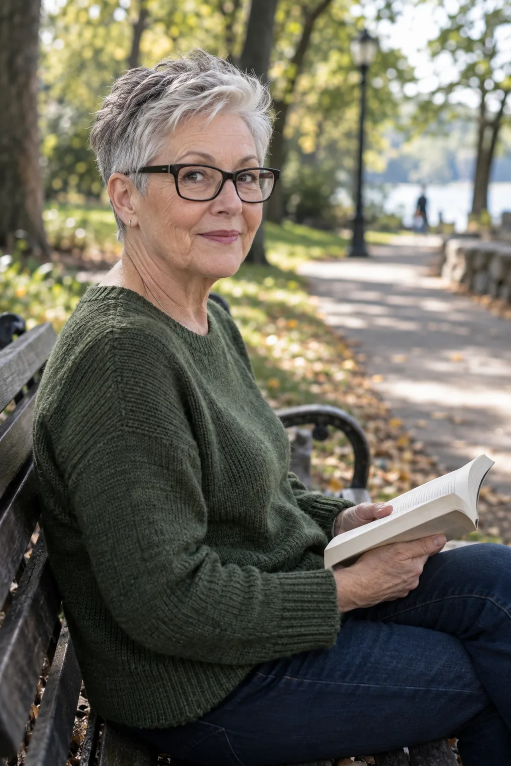 Woman in her 60s with a short silver pixie and black rectangular glasses sitting on a park bench with a book, her ear and the glasses arm clear of hair