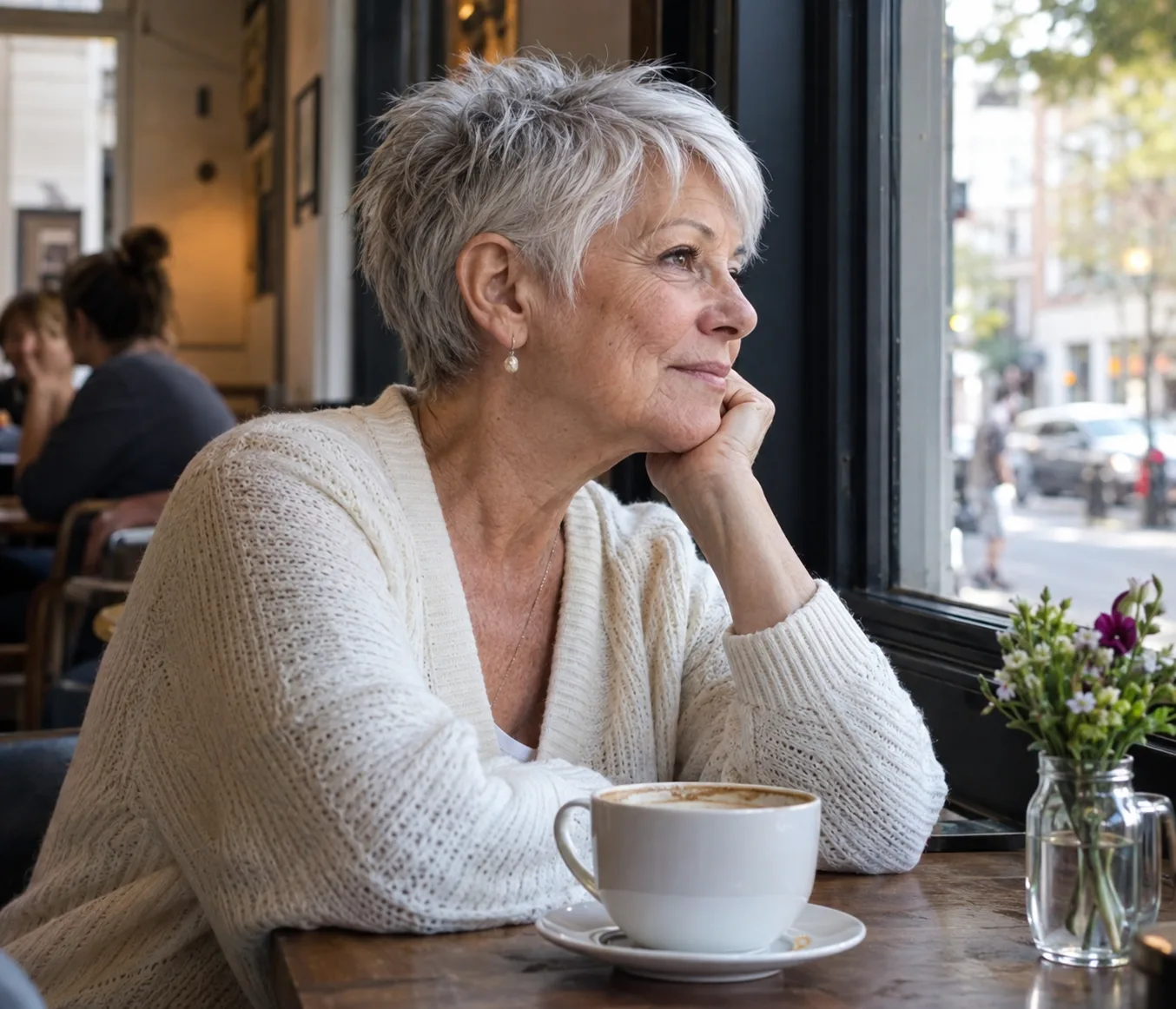Woman in her 60s with a silver textured pixie sitting by a cafe window with a cup of coffee, looking out at the street