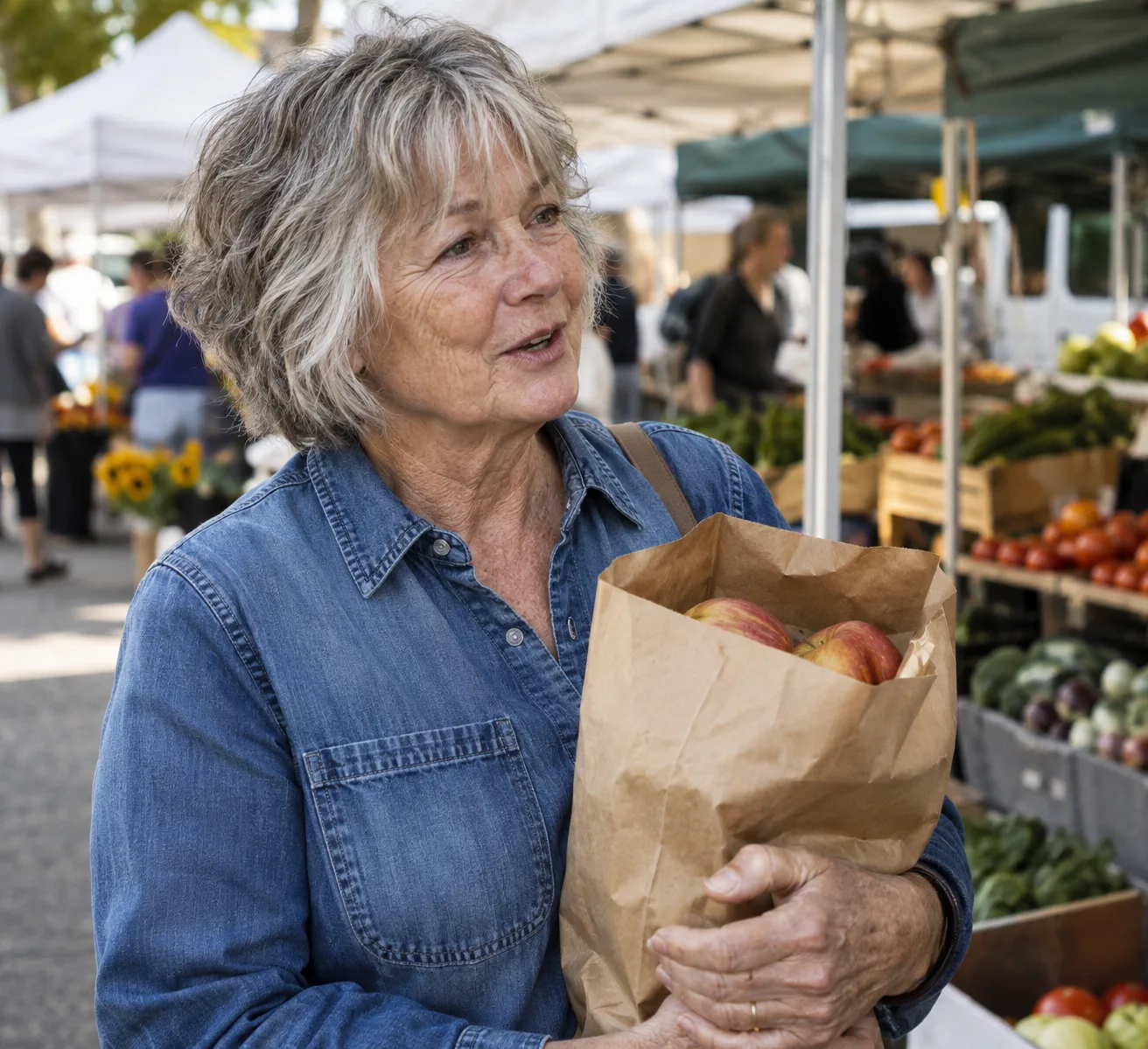 Woman in her 60s with a tousled grey choppy shag holding a paper bag of apples at a farmers market