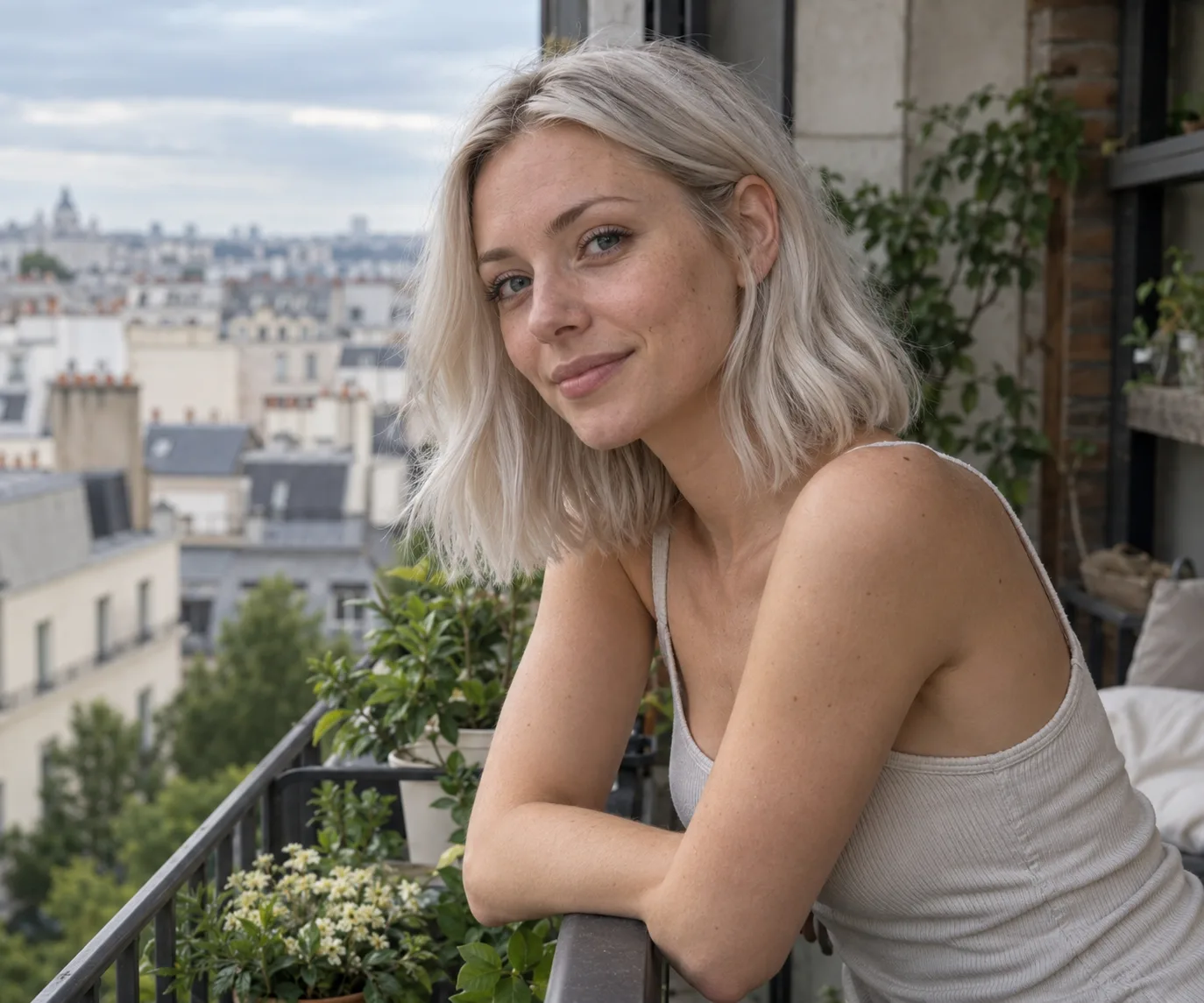 Woman leaning on a balcony railing with a wavy collarbone-length lob toned pearl blonde