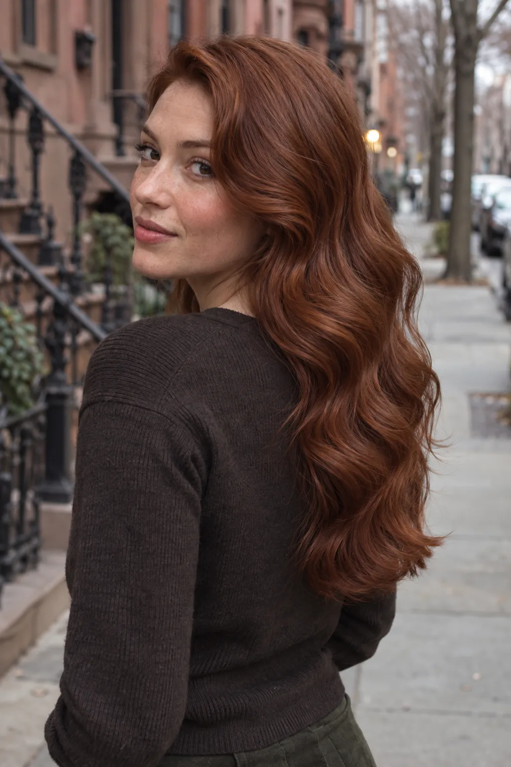 Woman looking over her shoulder on a brownstone street, long auburn hair in glossy uniform waves down her back