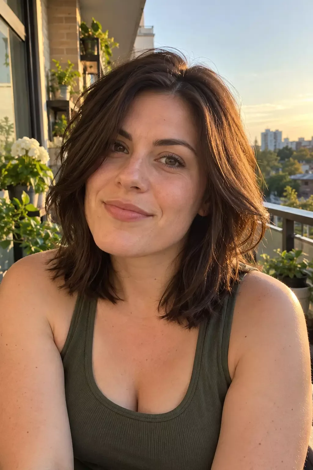 Woman on a balcony at sunset with thick dark brown shoulder length hair, layered and tousled at the ends