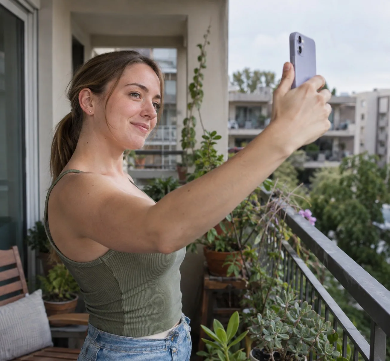 Woman on a balcony taking a selfie in soft daylight with her hair pulled back off her face