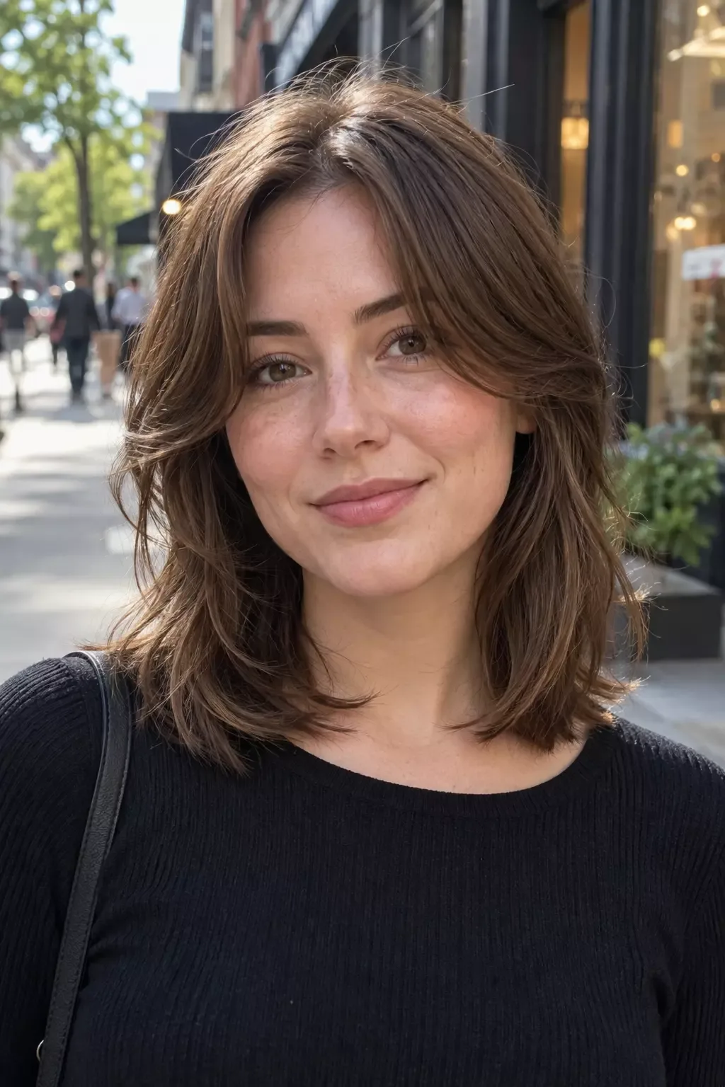 Woman on a city sidewalk with chestnut brown shoulder length hair, curtain bangs and face-framing layers